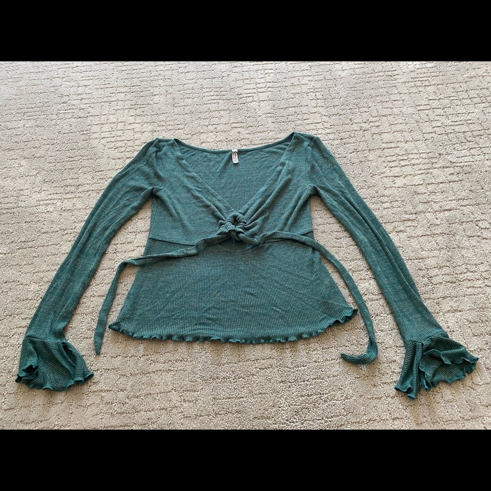 Free People Green Long Sleeve Shirt Blouse Key hole front tie Gold fleck Small S